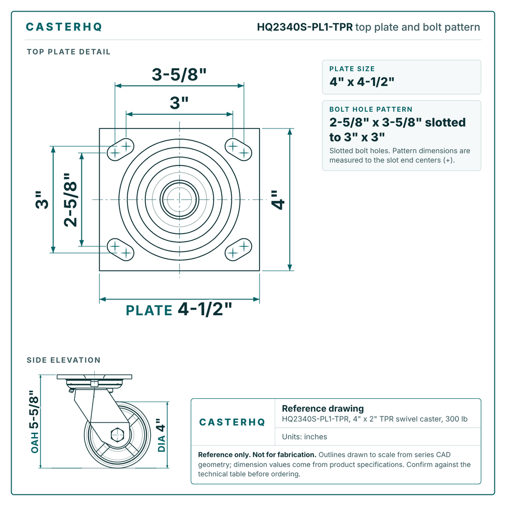 HQ2340S-PL1-TPR top plate bolt pattern drawing, 4 x 4-1/2 in plate, slotted bolt holes