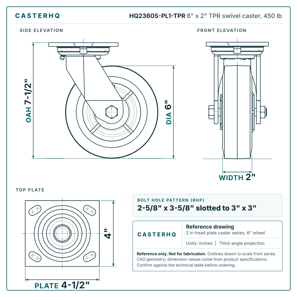 HQ2360S-PL1-TPR 6 x 2 in TPR swivel caster reference drawing, side, front and top plate views with dimensions