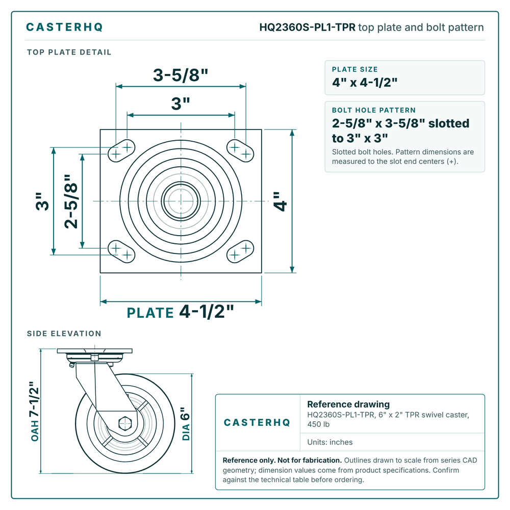 HQ2360S-PL1-TPR top plate bolt pattern drawing, 4 x 4-1/2 in plate, slotted bolt holes