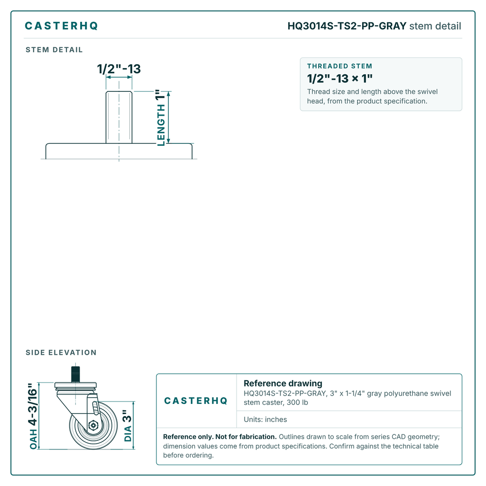 HQ3014S-TS2-PP-GRAY stem detail drawing, threaded stem 1/2"-13 x 1"
