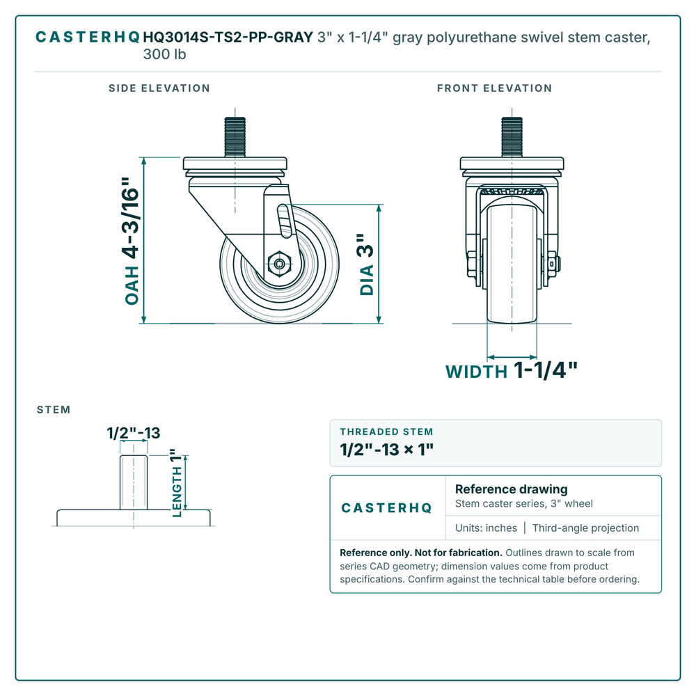 HQ3014S-TS2-PP-GRAY 3" x 1-1/4" gray polyurethane swivel stem caster, 300 lb reference drawing, 1/2"-13 x 1" threaded stem, side, front and stem views with dimensions