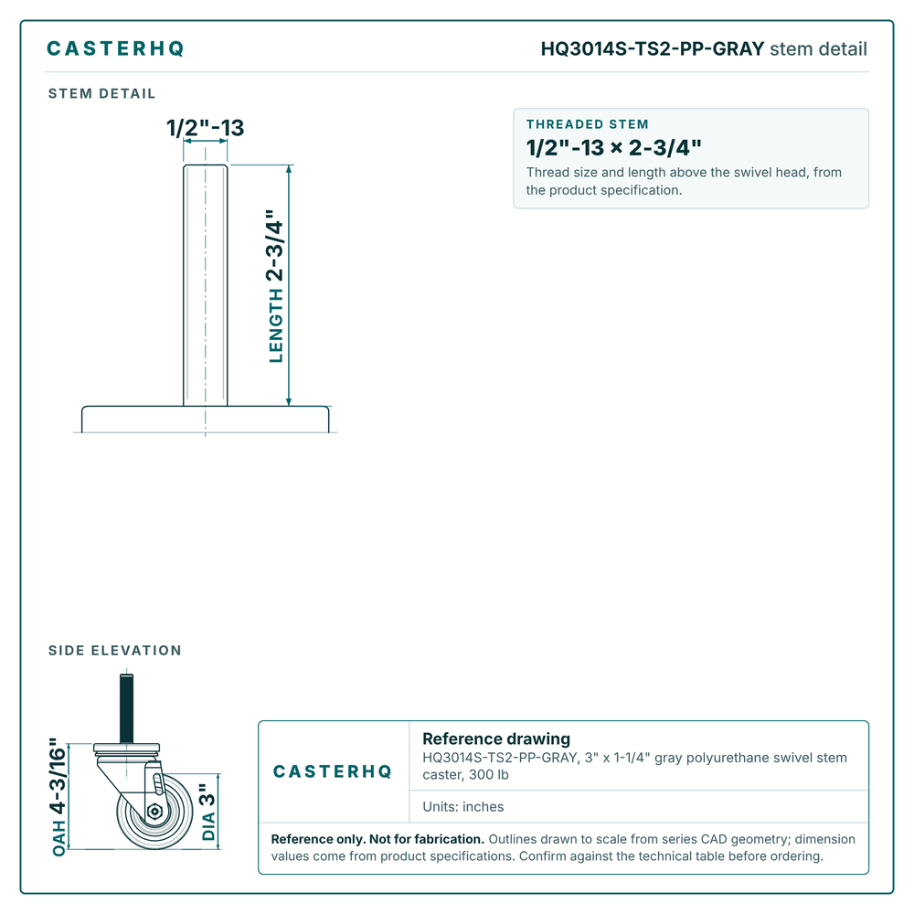 HQ3014S-TS2-PP-GRAY stem detail drawing, threaded stem 1/2"-13 x 2-3/4"