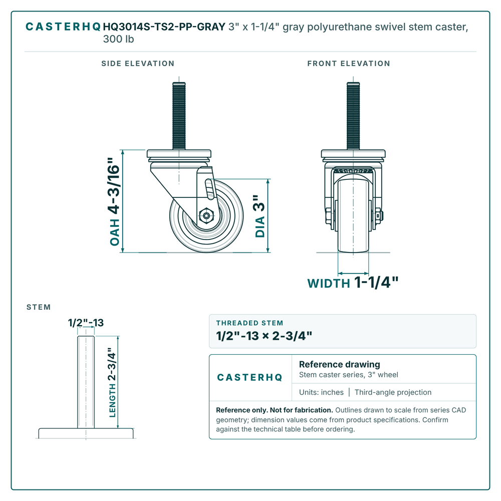 HQ3014S-TS2-PP-GRAY 3" x 1-1/4" gray polyurethane swivel stem caster, 300 lb reference drawing, 1/2"-13 x 2-3/4" threaded stem, side, front and stem views with dimensions