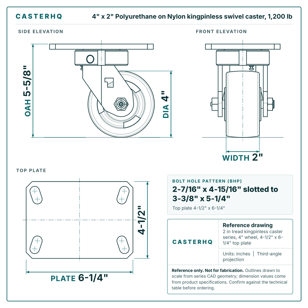 4 x 2 in Polyurethane on Nylon kingpinless swivel caster reference drawing, 4-1/2 in x 6-1/4 in top plate, side, front and top plate views with dimensions
