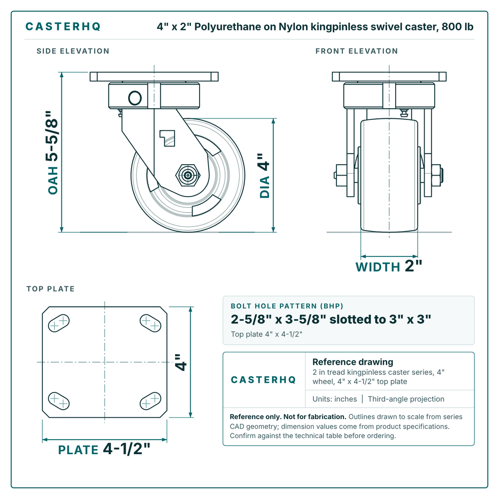 4 x 2 in Polyurethane on Nylon kingpinless swivel caster reference drawing, 4 in x 4-1/2 in top plate, side, front and top plate views with dimensions