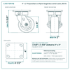 4 x 2 in Polyurethane on Nylon kingpinless swivel caster reference drawing, 4 in x 4-1/2 in top plate, side, front and top plate views with dimensions