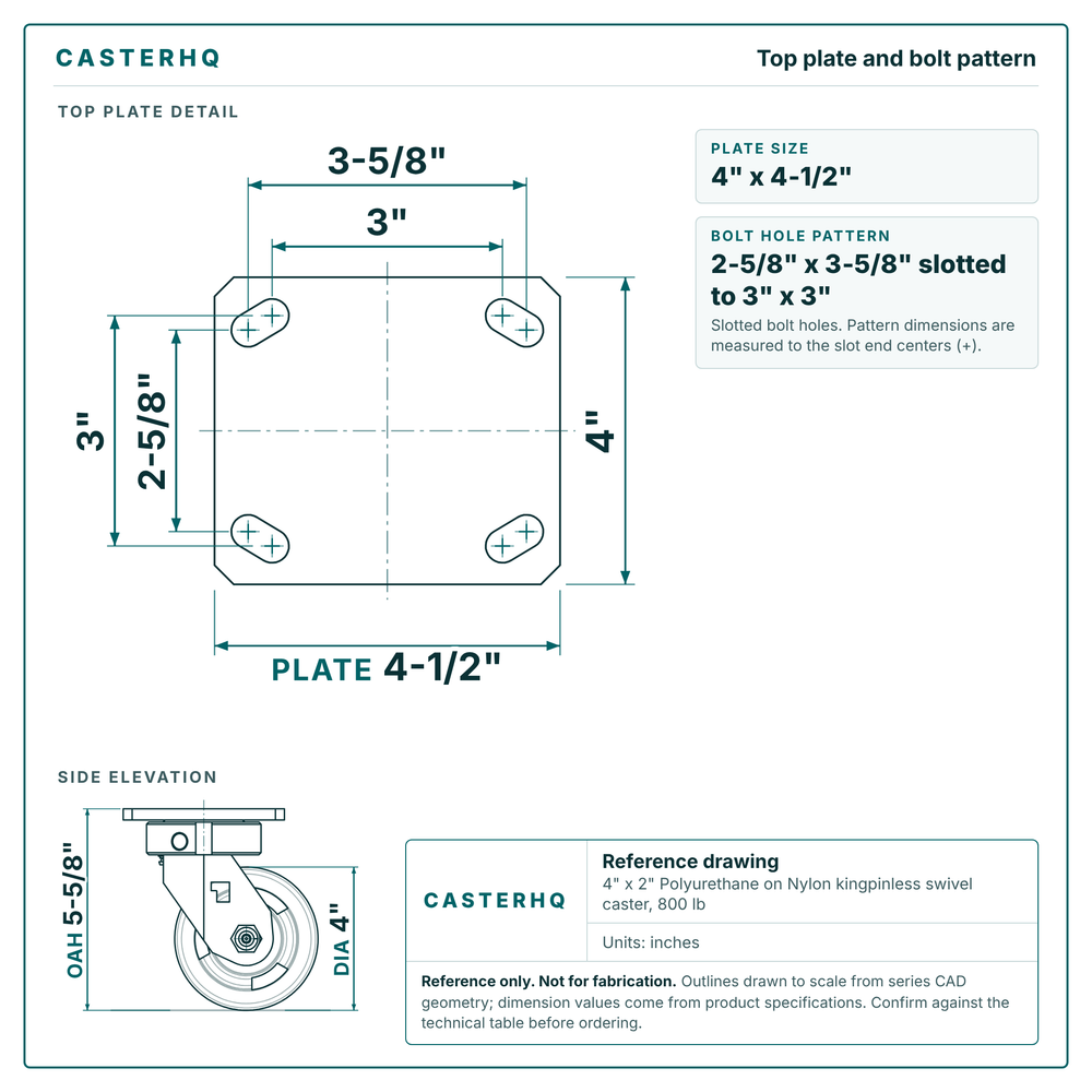 Top plate bolt pattern drawing, 4 in x 4-1/2 in plate, 2-5/8 in x 3-5/8 in slotted to 3 in x 3 in, slotted bolt holes