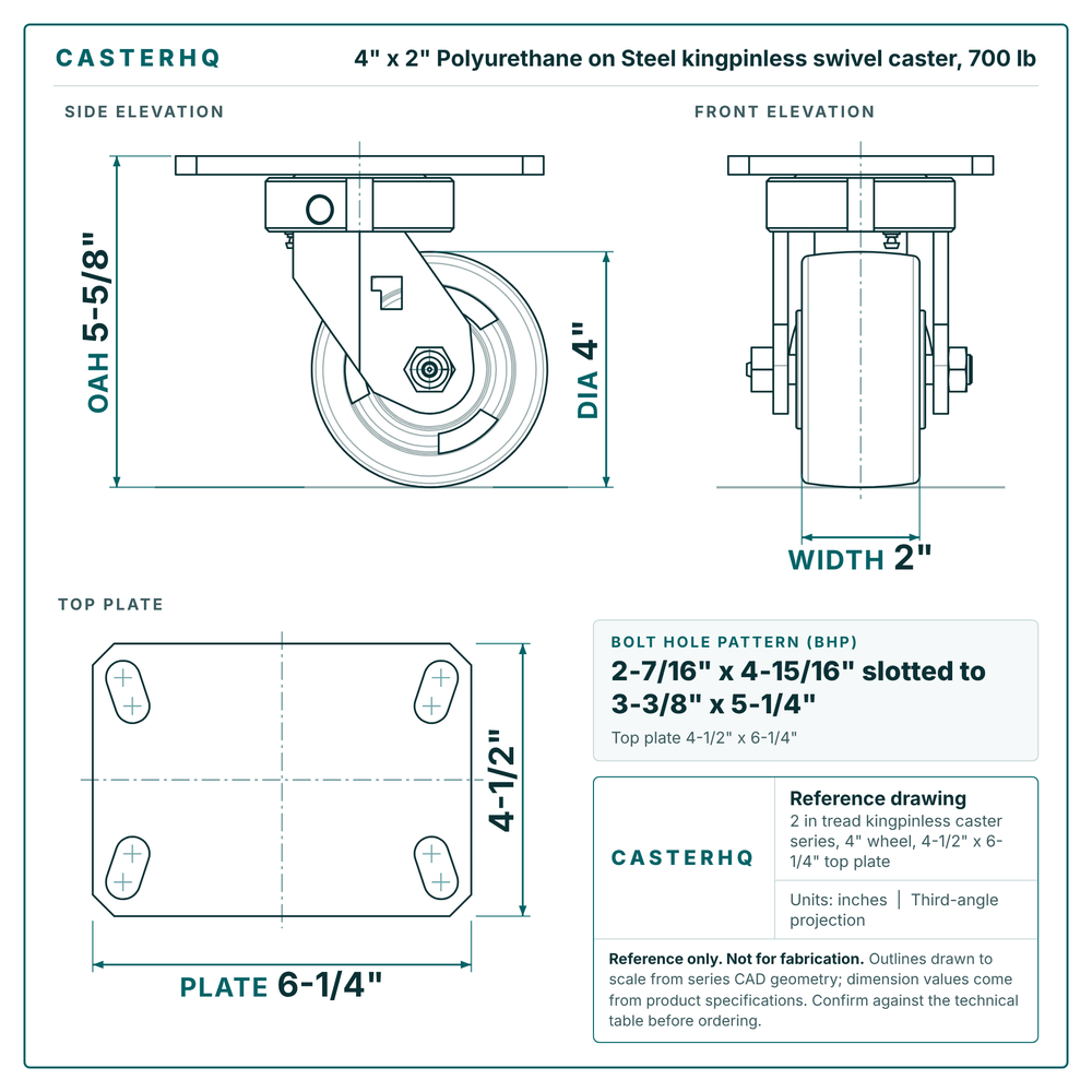 4 x 2 in Polyurethane on Steel kingpinless swivel caster reference drawing, 4-1/2 in x 6-1/4 in top plate, side, front and top plate views with dimensions