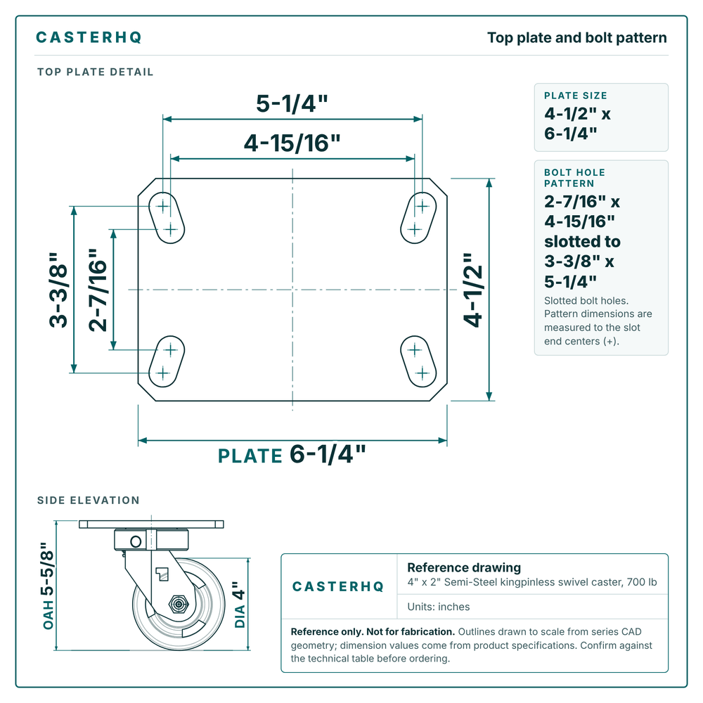 Top plate bolt pattern drawing, 4-1/2 in x 6-1/4 in plate, 2-7/16 in x 4-15/16 in slotted to 3-3/8 in x 5-1/4 in, slotted bolt holes