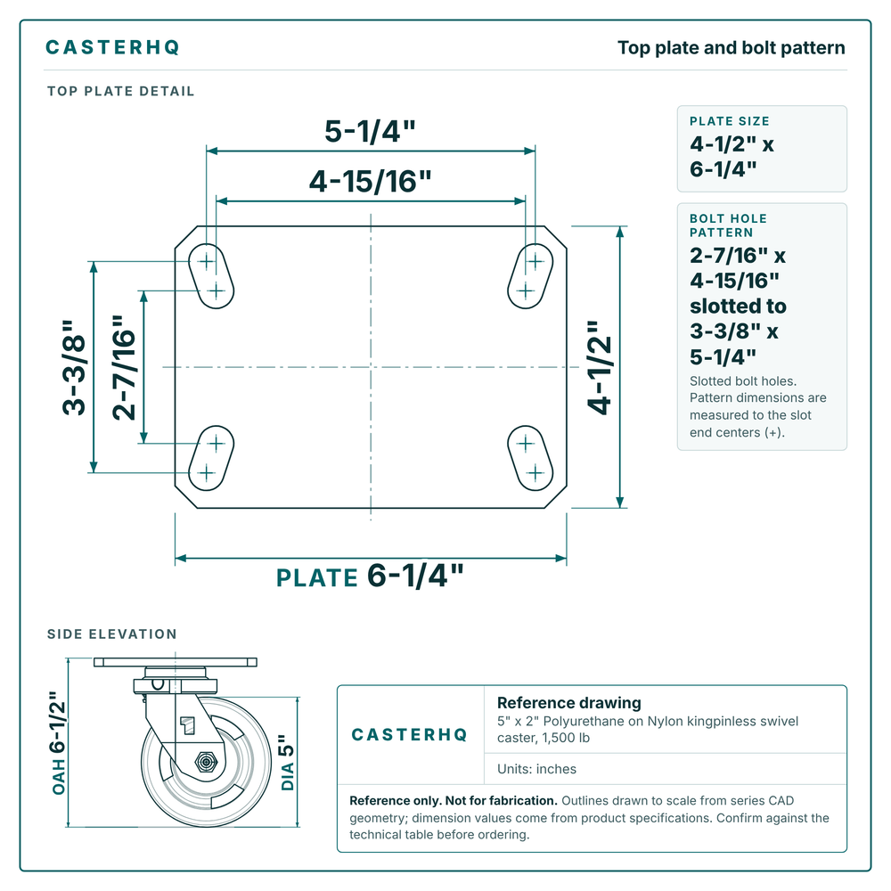 Top plate bolt pattern drawing, 4-1/2 in x 6-1/4 in plate, 2-7/16 in x 4-15/16 in slotted to 3-3/8 in x 5-1/4 in, slotted bolt holes