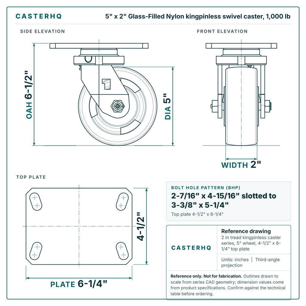 5 x 2 in Glass-Filled Nylon kingpinless swivel caster reference drawing, 4-1/2 in x 6-1/4 in top plate, side, front and top plate views with dimensions