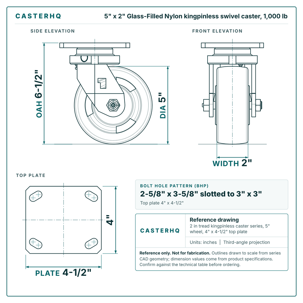5 x 2 in Glass-Filled Nylon kingpinless swivel caster reference drawing, 4 in x 4-1/2 in top plate, side, front and top plate views with dimensions