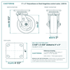 5 x 2 in Polyurethane on Steel kingpinless swivel caster reference drawing, 4 in x 4-1/2 in top plate, side, front and top plate views with dimensions