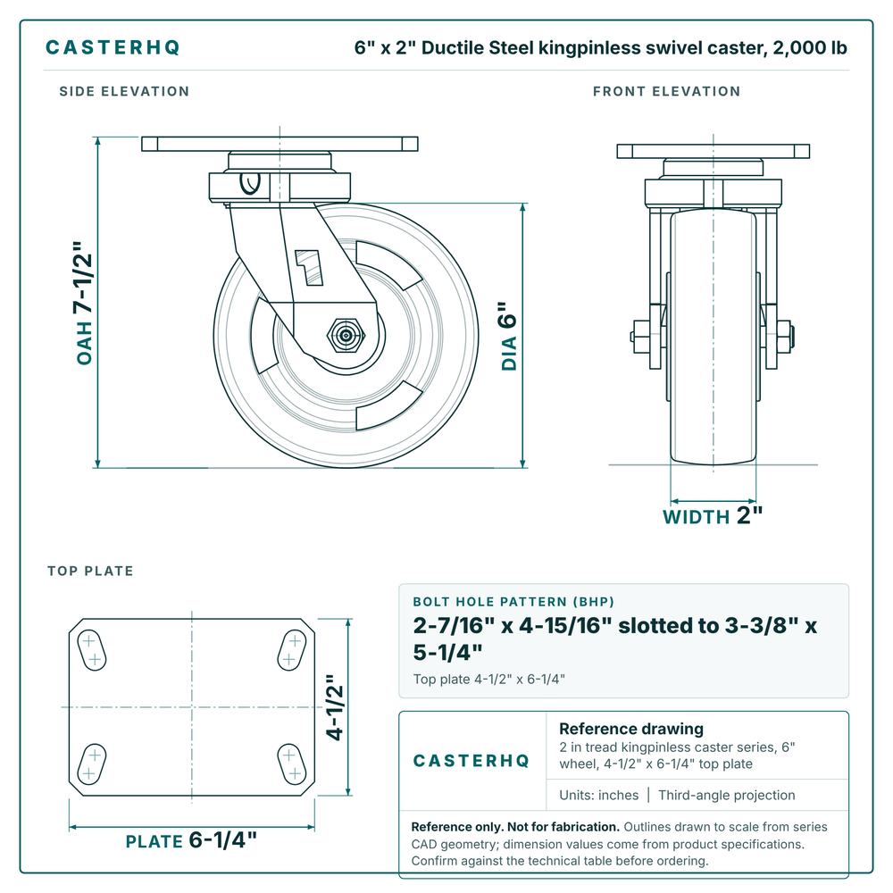 6 x 2 in Ductile Steel kingpinless swivel caster reference drawing, 4-1/2 in x 6-1/4 in top plate, side, front and top plate views with dimensions