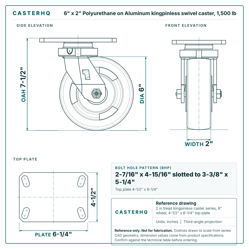 6 x 2 in Polyurethane on Aluminum kingpinless swivel caster reference drawing, 4-1/2 in x 6-1/4 in top plate, side, front and top plate views with dimensions