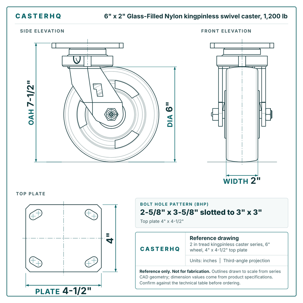 6 x 2 in Glass-Filled Nylon kingpinless swivel caster reference drawing, 4 in x 4-1/2 in top plate, side, front and top plate views with dimensions