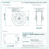 6 x 2 in Phenolic kingpinless swivel caster reference drawing, 4-1/2 in x 6-1/4 in top plate, side, front and top plate views with dimensions