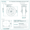 6 x 2 in Polyurethane on Steel kingpinless swivel caster reference drawing, 4 in x 4-1/2 in top plate, side, front and top plate views with dimensions