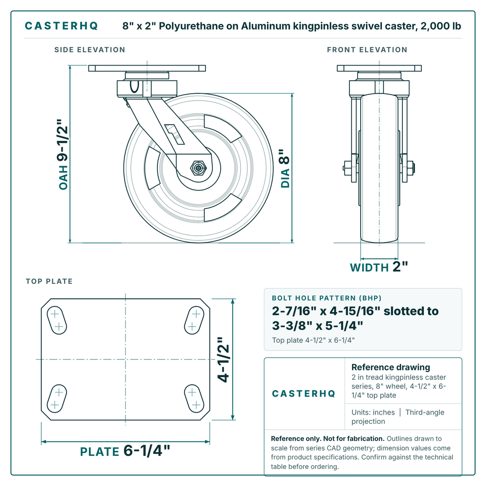 8 x 2 in Polyurethane on Aluminum kingpinless swivel caster reference drawing, 4-1/2 in x 6-1/4 in top plate, side, front and top plate views with dimensions