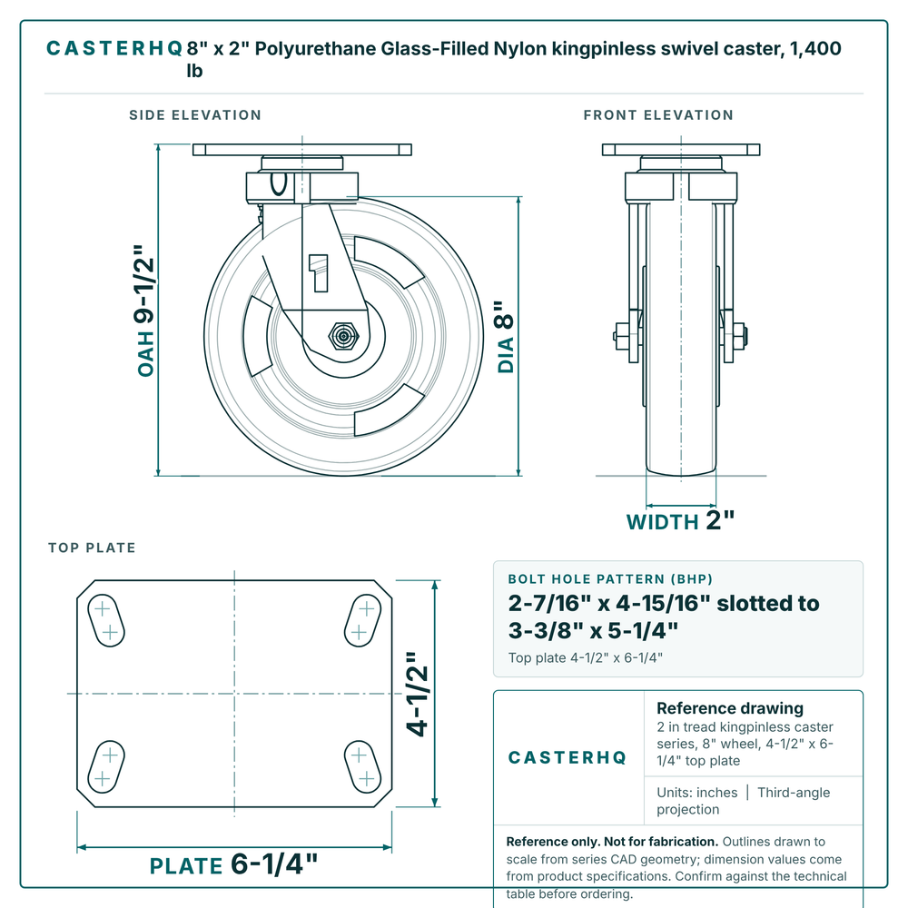 8 x 2 in Polyurethane Glass-Filled Nylon kingpinless swivel caster reference drawing, 4-1/2 in x 6-1/4 in top plate, side, front and top plate views with dimensions