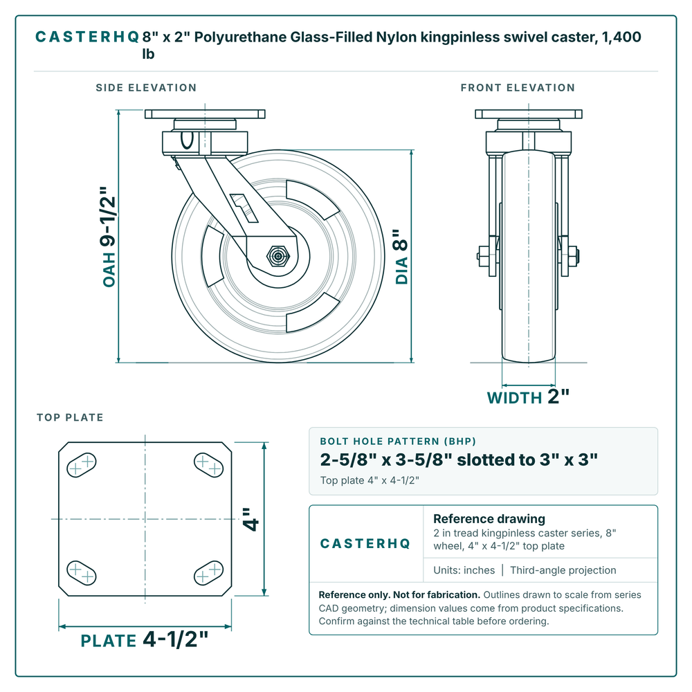 8 x 2 in Polyurethane Glass-Filled Nylon kingpinless swivel caster reference drawing, 4 in x 4-1/2 in top plate, side, front and top plate views with dimensions