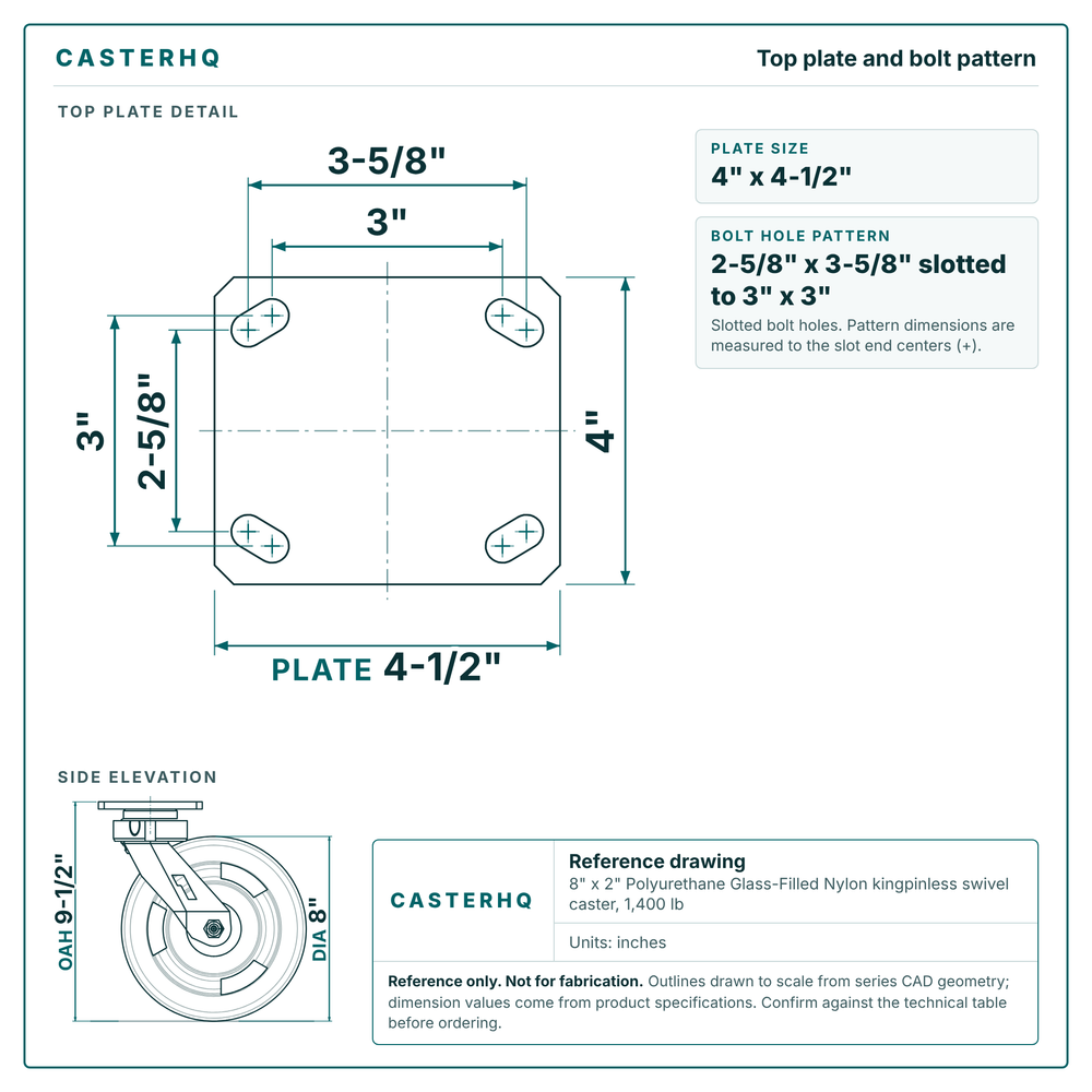 Top plate bolt pattern drawing, 4 in x 4-1/2 in plate, 2-5/8 in x 3-5/8 in slotted to 3 in x 3 in, slotted bolt holes