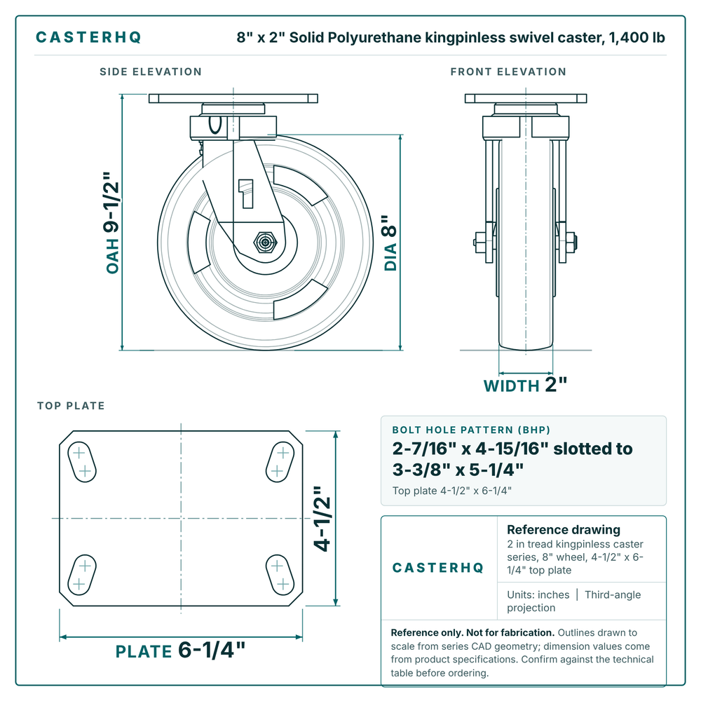 8 x 2 in Solid Polyurethane kingpinless swivel caster reference drawing, 4-1/2 in x 6-1/4 in top plate, side, front and top plate views with dimensions
