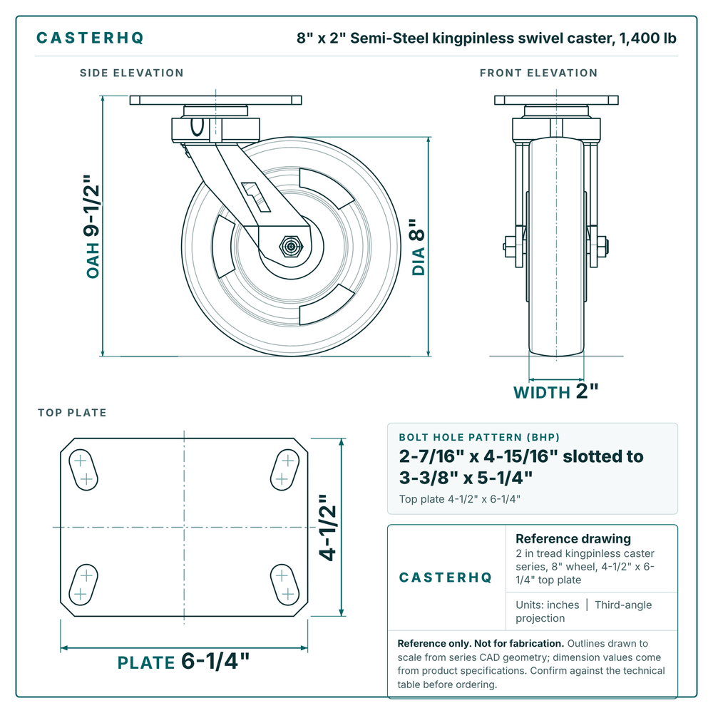 8 x 2 in Semi-Steel kingpinless swivel caster reference drawing, 4-1/2 in x 6-1/4 in top plate, side, front and top plate views with dimensions