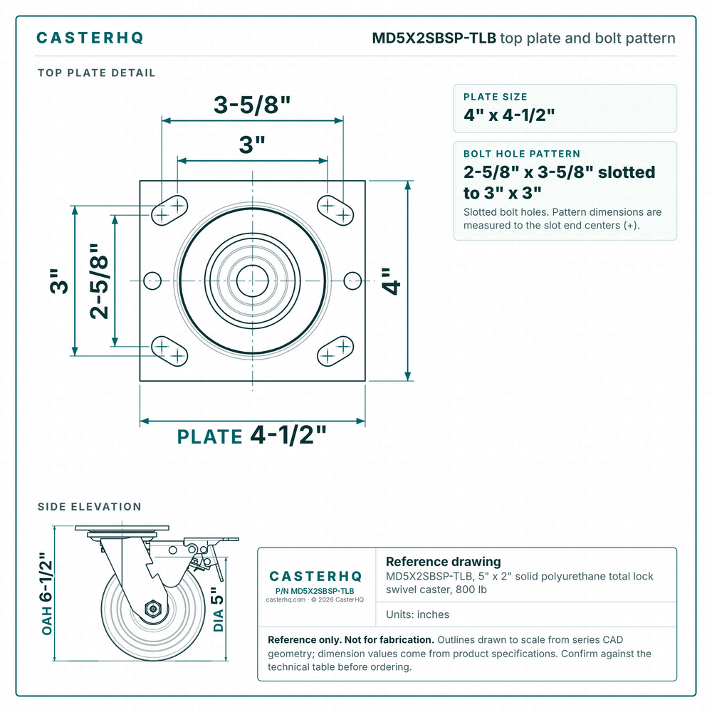 MD5X2SBSP-TLB top plate bolt pattern drawing, 4 x 4-1/2 in plate, slotted bolt holes