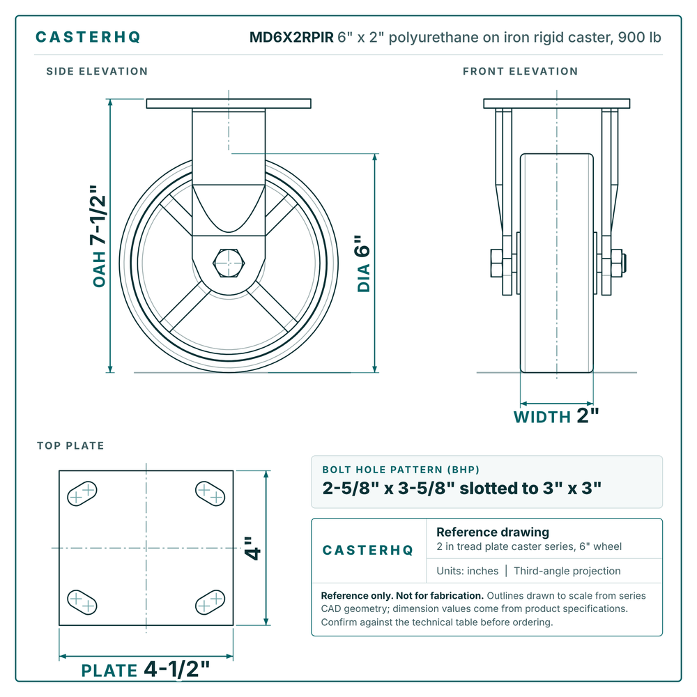 MD6X2RPIR 6 x 2 in polyurethane on iron rigid caster reference drawing, side, front and top plate views with dimensions