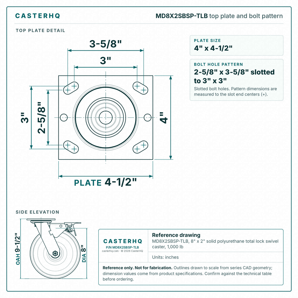 MD8X2SBSP-TLB top plate bolt pattern drawing, 4 x 4-1/2 in plate, slotted bolt holes