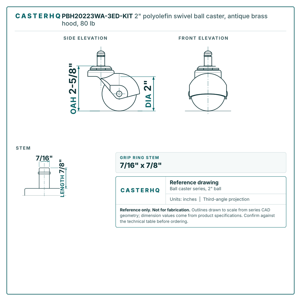 2" polyolefin swivel ball caster reference drawing, side, front and top plate views with dimensions