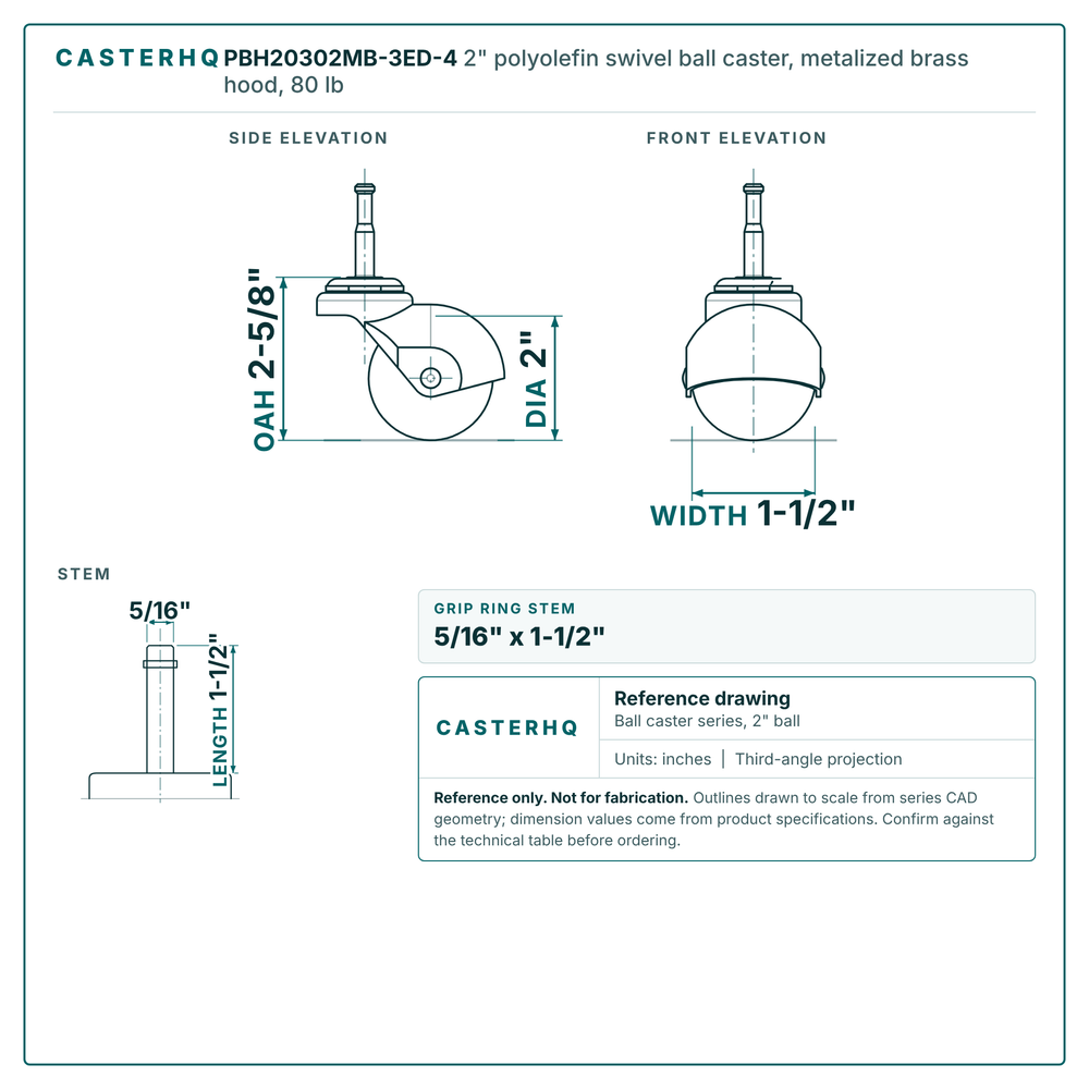 2" polyolefin swivel ball caster reference drawing, side, front and top plate views with dimensions