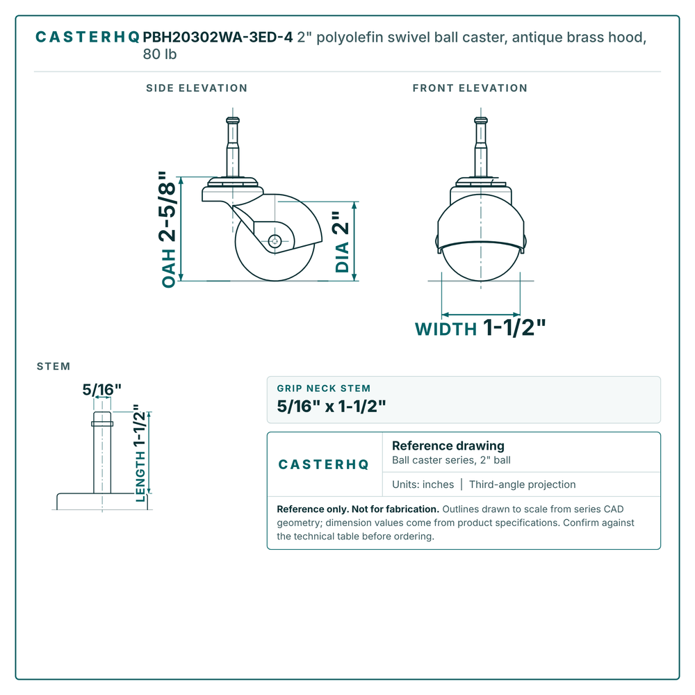 2" polyolefin swivel ball caster reference drawing, side, front and top plate views with dimensions