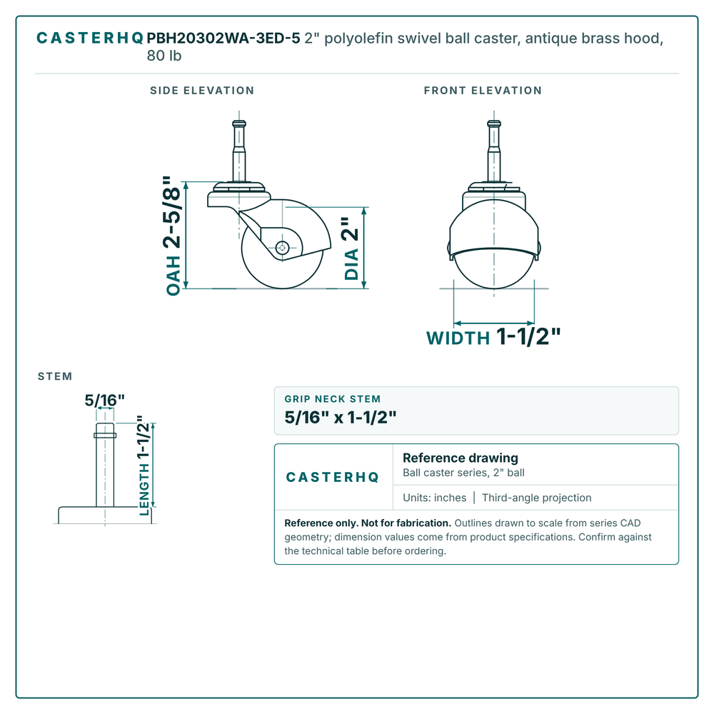2" polyolefin swivel ball caster reference drawing, side, front and top plate views with dimensions