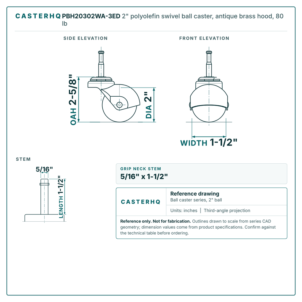 2" polyolefin swivel ball caster reference drawing, side, front and top plate views with dimensions