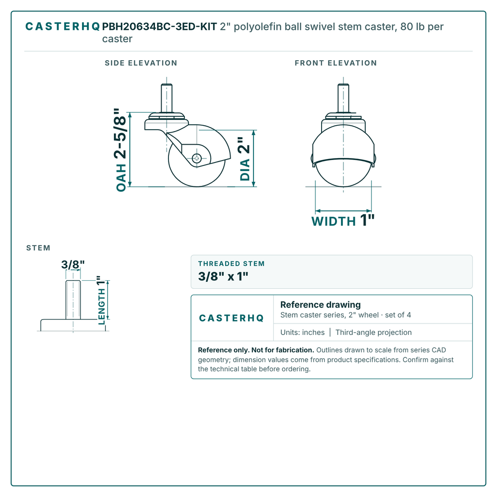 PBH20634BC-3ED-KIT 2" polyolefin ball swivel stem caster, 80 lb per caster reference drawing, side, front and stem views with dimensions