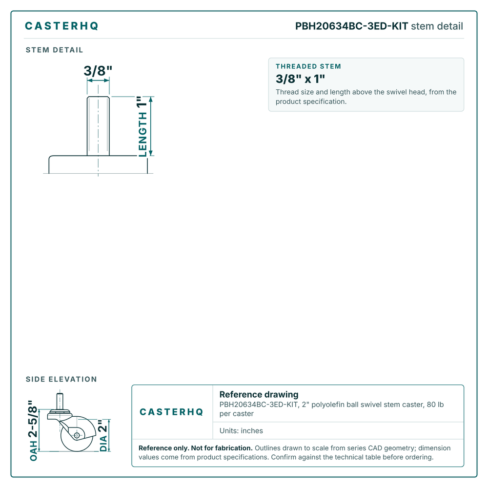 PBH20634BC-3ED-KIT stem detail drawing, threaded stem 3/8" x 1"