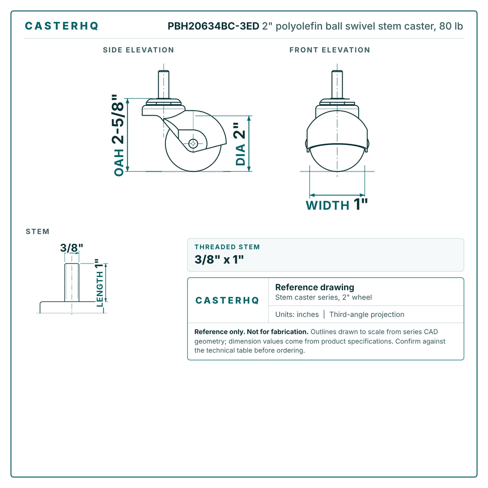 PBH20634BC-3ED 2" polyolefin ball swivel stem caster, 80 lb reference drawing, side, front and stem views with dimensions