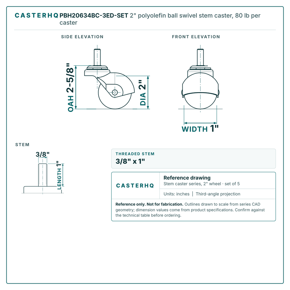 PBH20634BC-3ED-SET 2" polyolefin ball swivel stem caster, 80 lb per caster reference drawing, side, front and stem views with dimensions