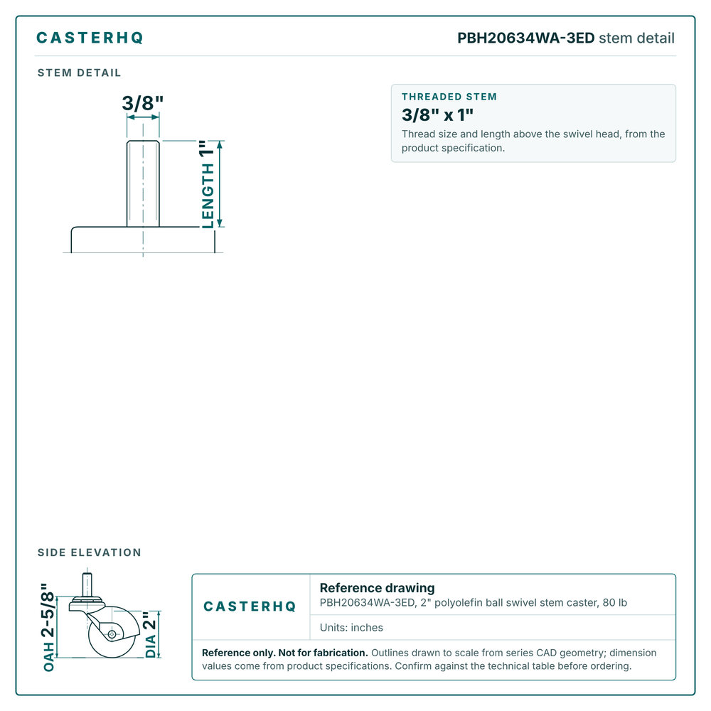 PBH20634WA-3ED stem detail drawing, threaded stem 3/8" x 1"