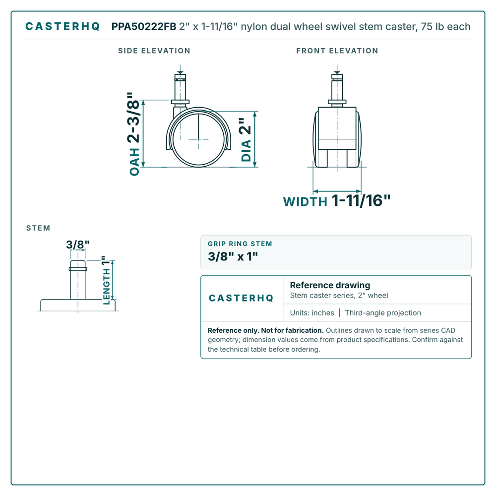 2" x 1-11/16" nylon dual wheel swivel stem caster reference drawing, side, front and top plate views with dimensions