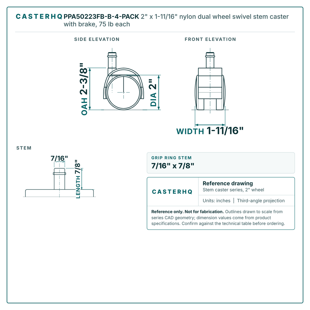 2" x 1-11/16" nylon dual wheel swivel stem caster with brake reference drawing, side, front and top plate views with dimensions
