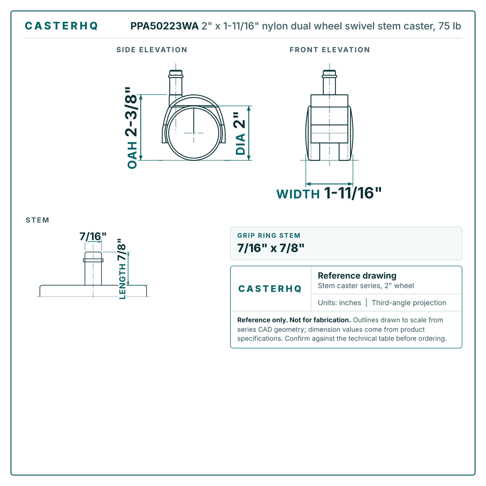 2" x 1-11/16" nylon dual wheel swivel stem caster reference drawing, side, front and top plate views with dimensions