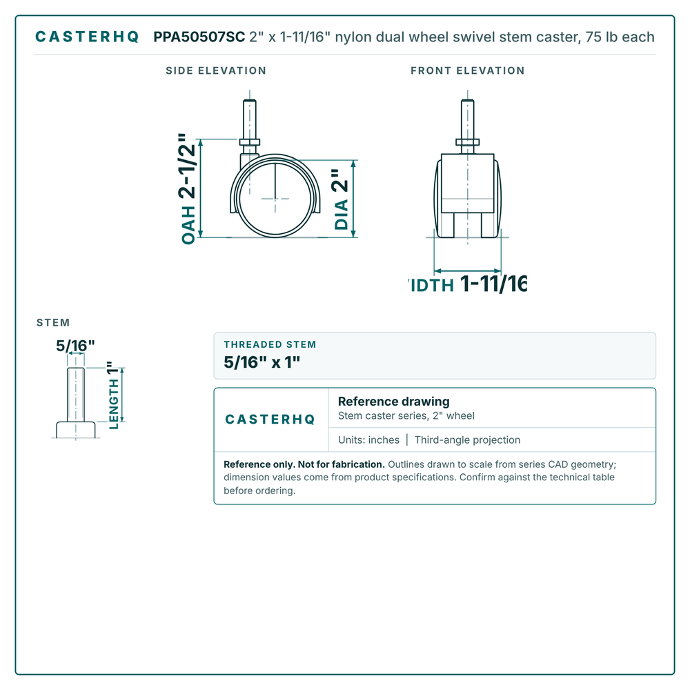 2" x 1-11/16" nylon dual wheel swivel stem caster reference drawing, side, front and top plate views with dimensions