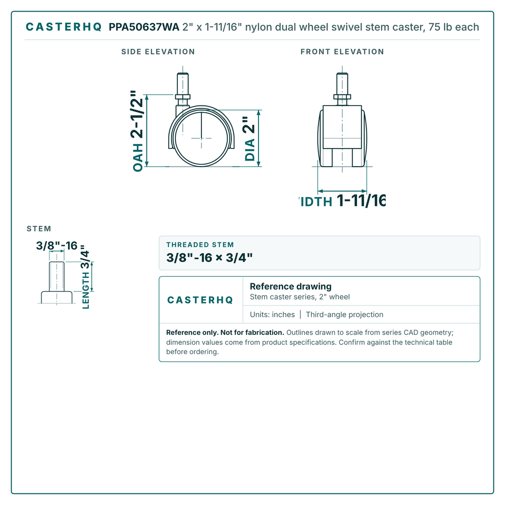 2" x 1-11/16" nylon dual wheel swivel stem caster reference drawing, side, front and top plate views with dimensions