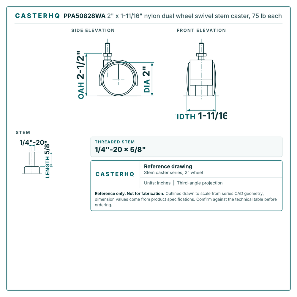 2" x 1-11/16" nylon dual wheel swivel stem caster reference drawing, side, front and top plate views with dimensions
