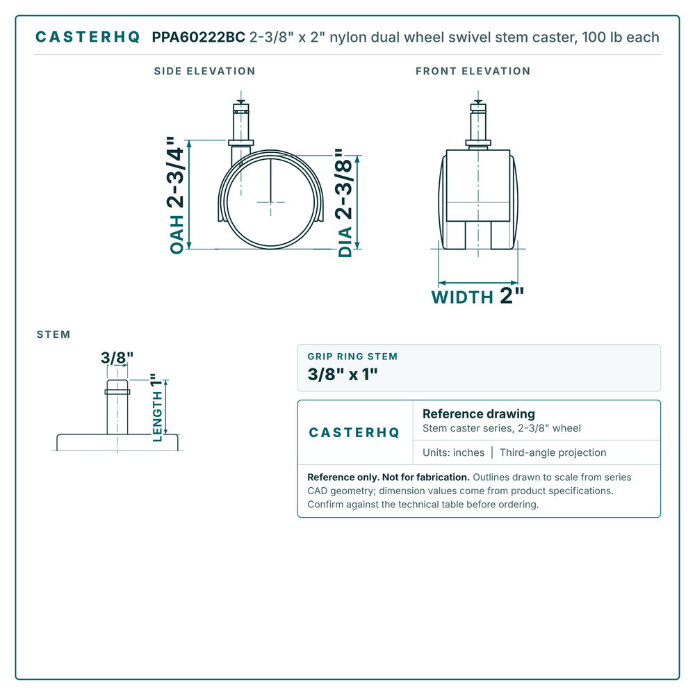 2-3/8" x 2" nylon dual wheel swivel stem caster reference drawing, side, front and top plate views with dimensions