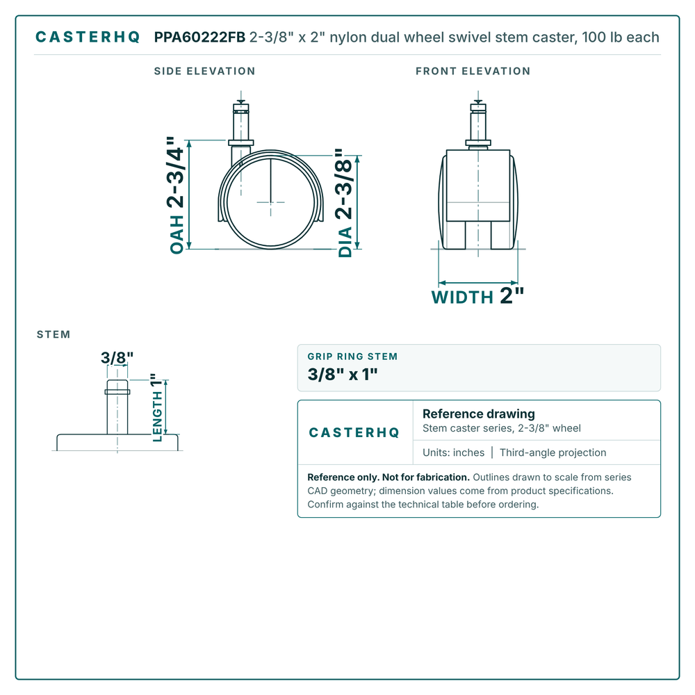 2-3/8" x 2" nylon dual wheel swivel stem caster reference drawing, side, front and top plate views with dimensions