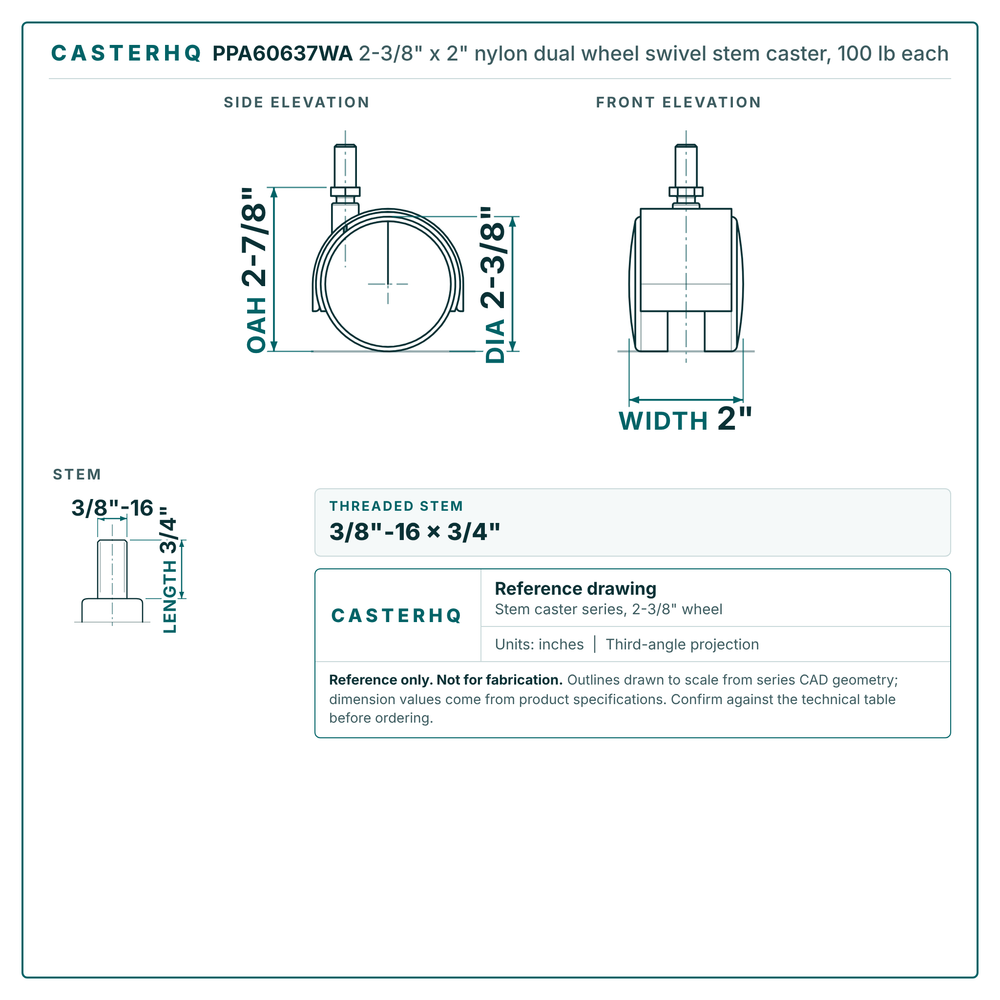 2-3/8" x 2" nylon dual wheel swivel stem caster reference drawing, side, front and top plate views with dimensions